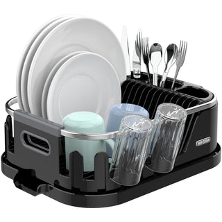 MR.SIGA Rejilla de secado de platos para mostrador de cocina, escurridor de platos compacto con tablero de drenaje, soporte para utensilios y estante para tazas, blanco