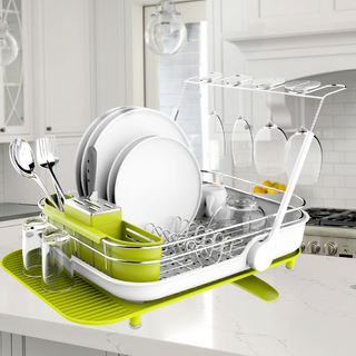 Premium Stainless Steel Multi-functional Dish Drying Rack with Cutlery Holder and Wine Glass Rack