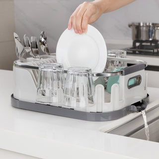 MR.SIGA Rejilla de secado de platos para mostrador de cocina, escurridor de platos compacto con tablero de drenaje, soporte para utensilios y estante para tazas, blanco