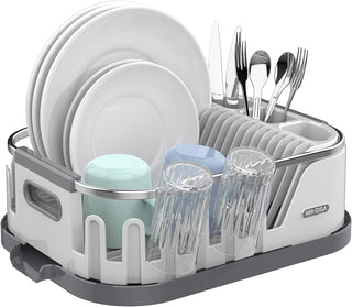 MR.SIGAキッチンカウンター用食器乾燥ラック、排水ボード付きコンパクト食器用水切り、調理器具ホルダー、カップラック、ホワイト