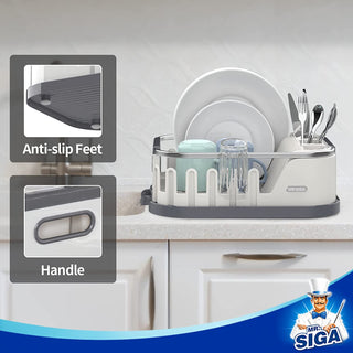 MR.SIGA Étendoir à vaisselle pour comptoir de cuisine, égouttoir à vaisselle compact avec panneau d’égouttage, porte-ustensiles et porte-tasse, blanc