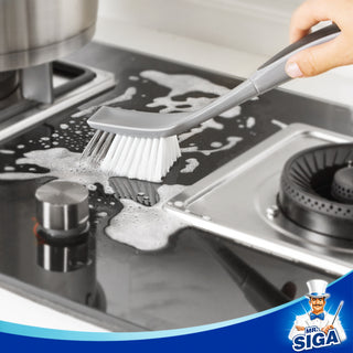 MR.siga Dish Brush with Long Handle Built-in Scraper, Scrubbing Brush for  Pans, Pack of 3