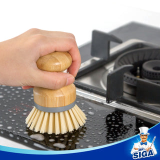 MR.SIGA Dish Brush with Bamboo Handle Built-in Scraper, Scrub