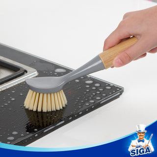 MR.SIGA Brosse à vaisselle avec poignée en bambou grattoir intégré