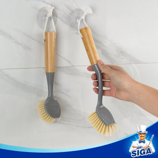 MR.SIGA Dish Brush with Long Bamboo Handle Built-in Scraper, Scrub Brush