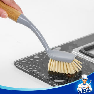 MR.SIGA Dish Brush with Long Bamboo Handle Built-in Scraper, Scrub Brush