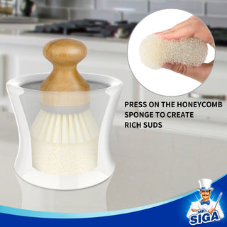 MR.SIGA Dispensador y soporte de jabón para platos, cepillo de plato de bambú con juego dispensador de jabón